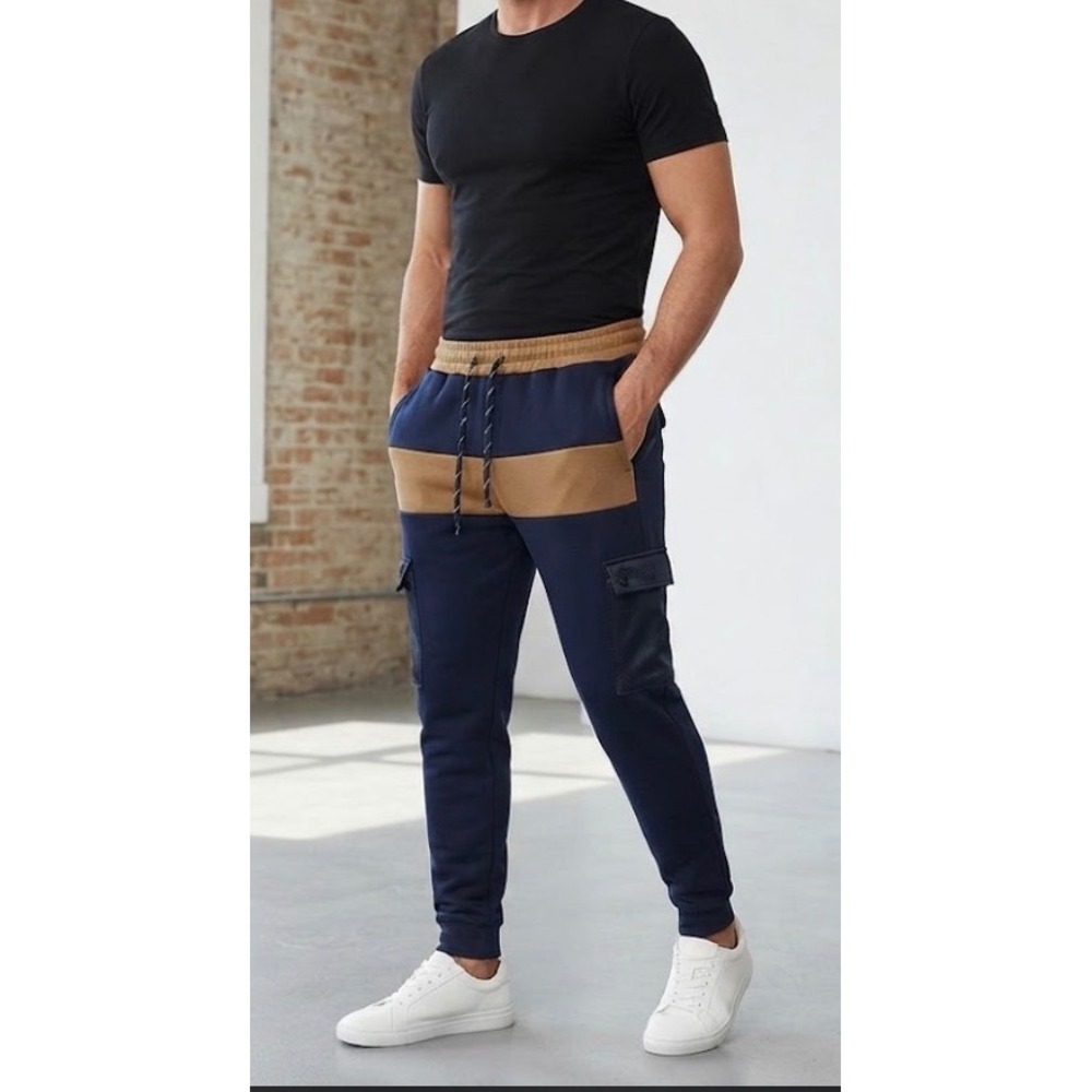 Red Ape Men's Colorblock Navy Tan Cargo Jogger Sweatpants Size M